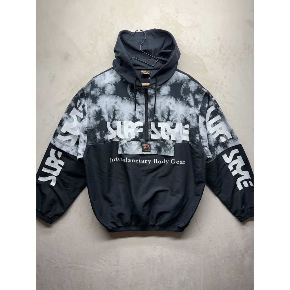 VTG 90s Surf Style Hooded Windbreaker Mens XL Black White Tie Dye Cloud Pullover